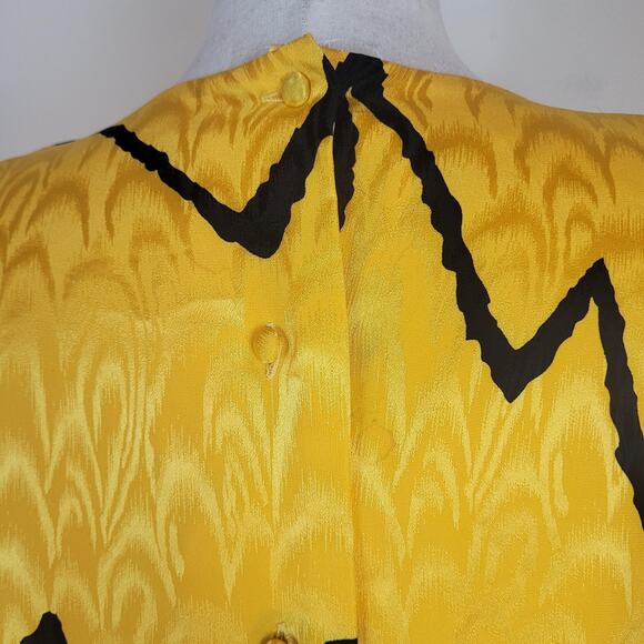VTG Lillie Rubin Dress 4 Yellow Black Silk Drop Waist Blouson Zigzag Print 80s - Picture 5 of 9